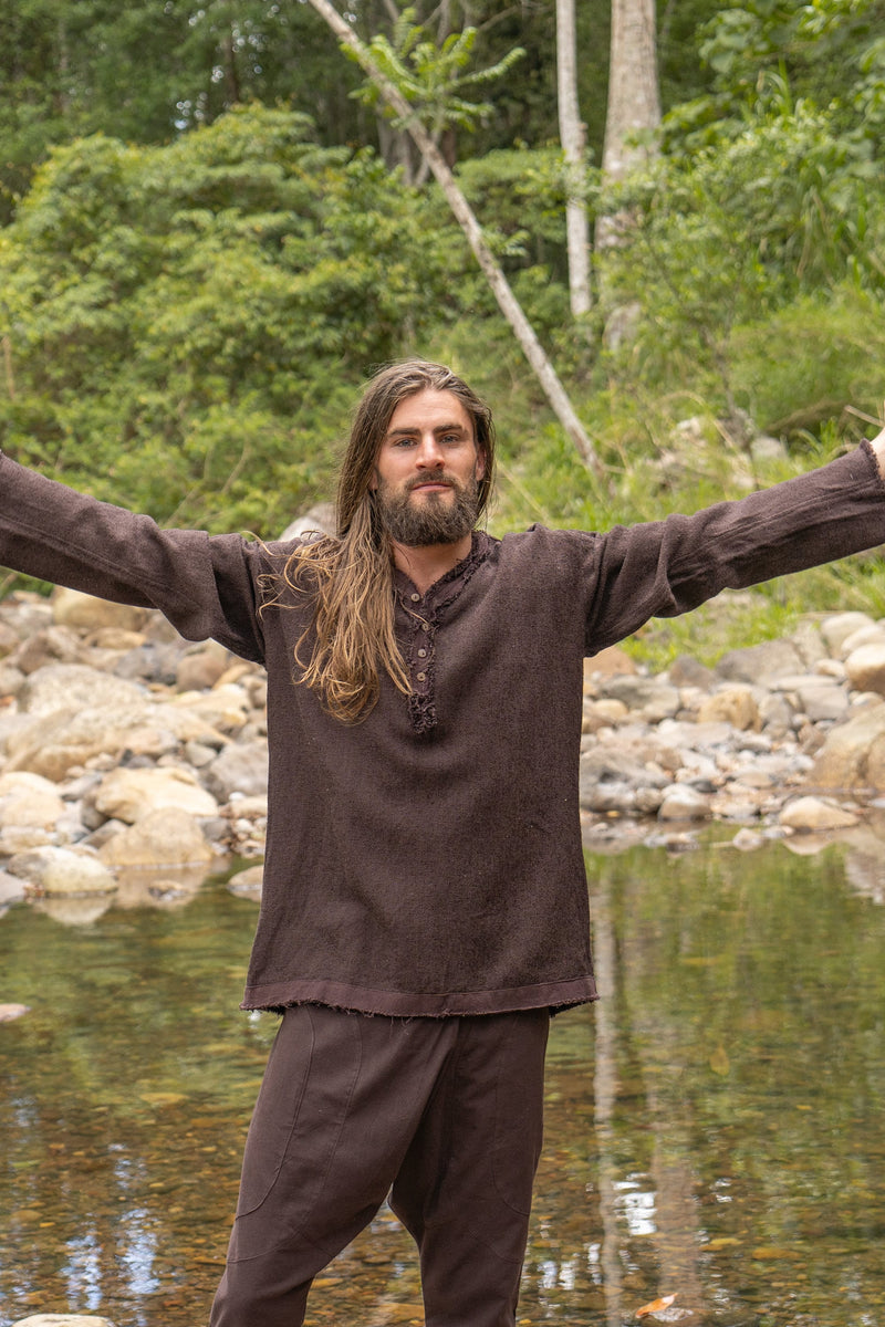 NEO Matrix Mens Brown Long Sleeve Top Handmade Apocalyptic Shirt Gypsy Earthy Rugged Tribal Nomadic Ethnic Festival Rave Primitive AJJAYA