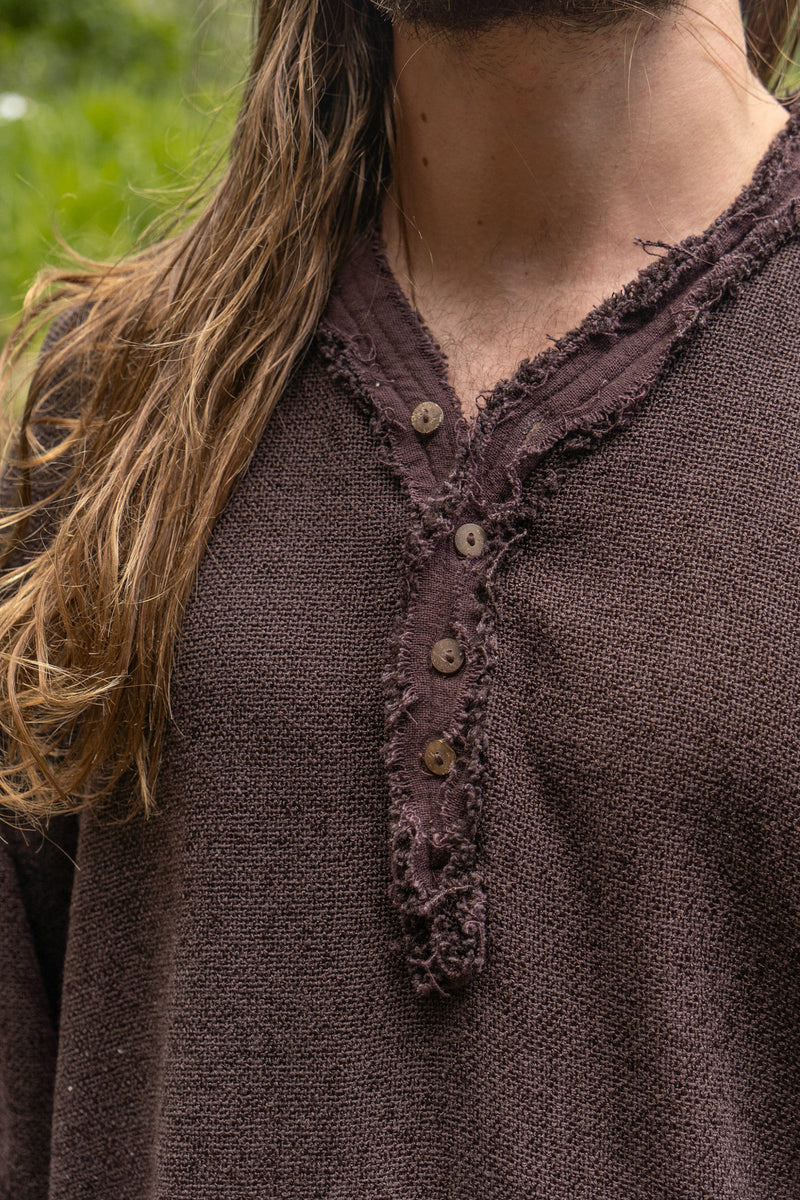 NEO Matrix Mens Brown Long Sleeve Top Handmade Apocalyptic Shirt Gypsy Earthy Rugged Tribal Nomadic Ethnic Festival Rave Primitive AJJAYA