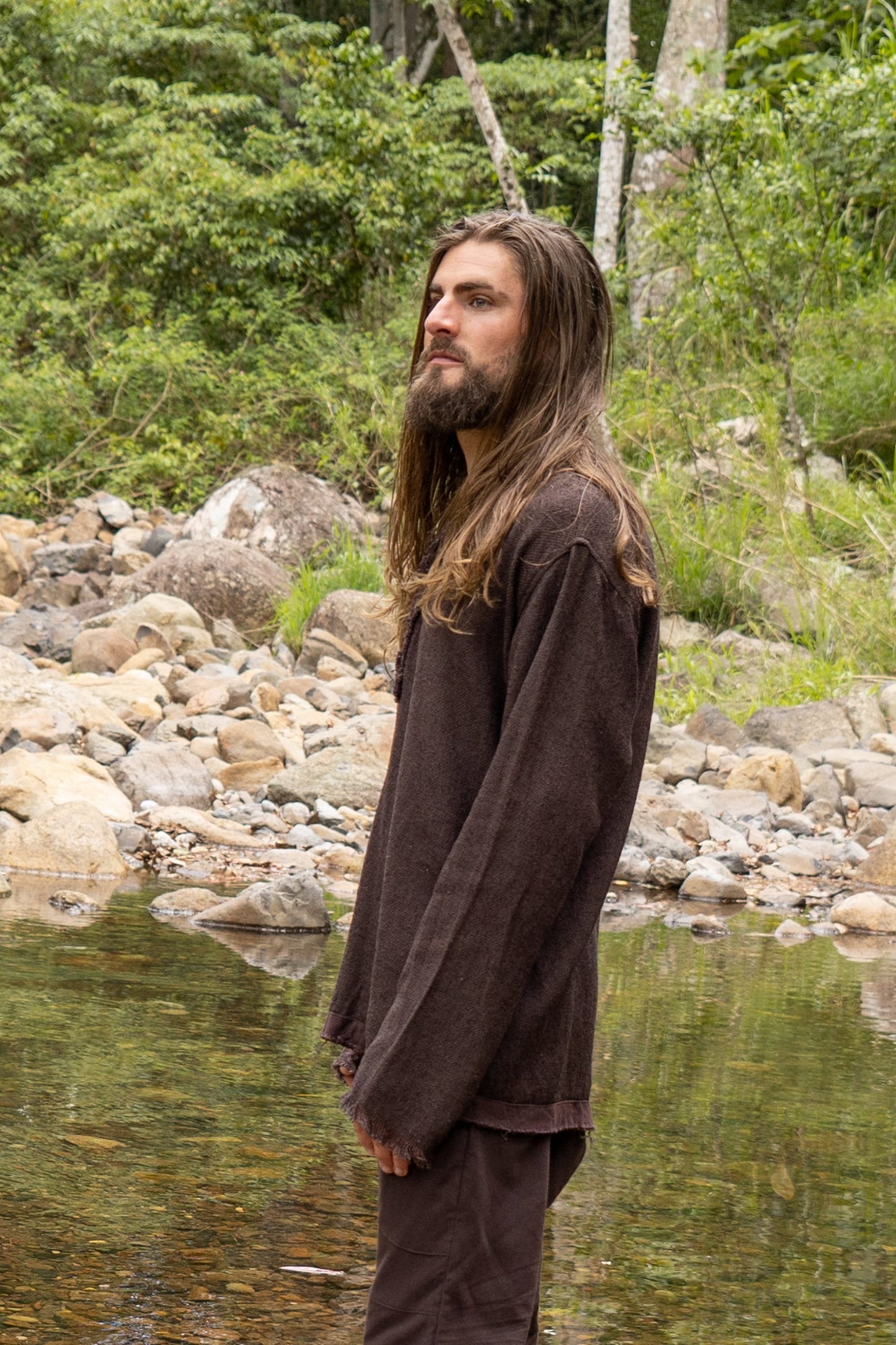 NEO Matrix Mens Brown Long Sleeve Top Handmade Apocalyptic Shirt Gypsy Earthy Rugged Tribal Nomadic Ethnic Festival Rave Primitive AJJAYA