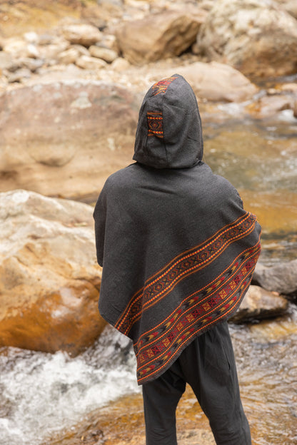 SAMADHI Mens Poncho Dark Grey Yak Wool and Acrylic Wool Blend Handmade Large Hood Pockets Earthy Tribal Pattern Festival AJJAYA Mexican