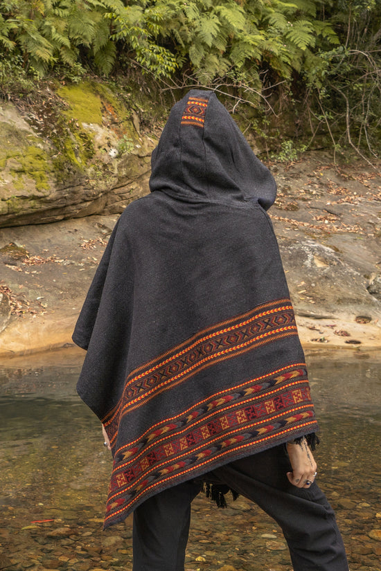 Womens Hooded Poncho Pure White with Tribal Embroidery, Large Hood, Two Pockets, Hippie, Primitive, Gypsy, Boho, AJJAYA