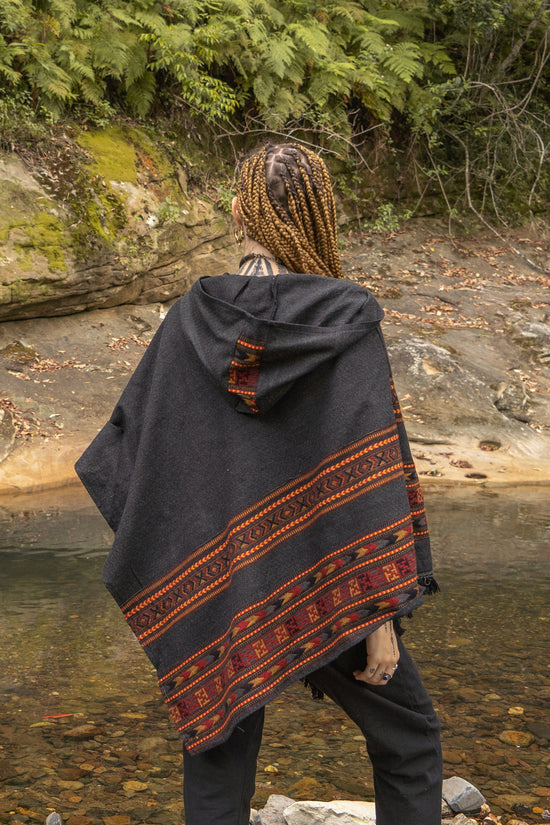 SAMADHI Womens Hooded Poncho Embroidered Grey with HoodHandmade Earthy Tribal Pattern Festival Gypsy AJJAYA