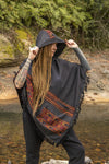 SAMADHI Handmade Embroidered Grey Poncho with Hood Earthy Tribal Alternative Pattern Festival Gypsy AJJAYA