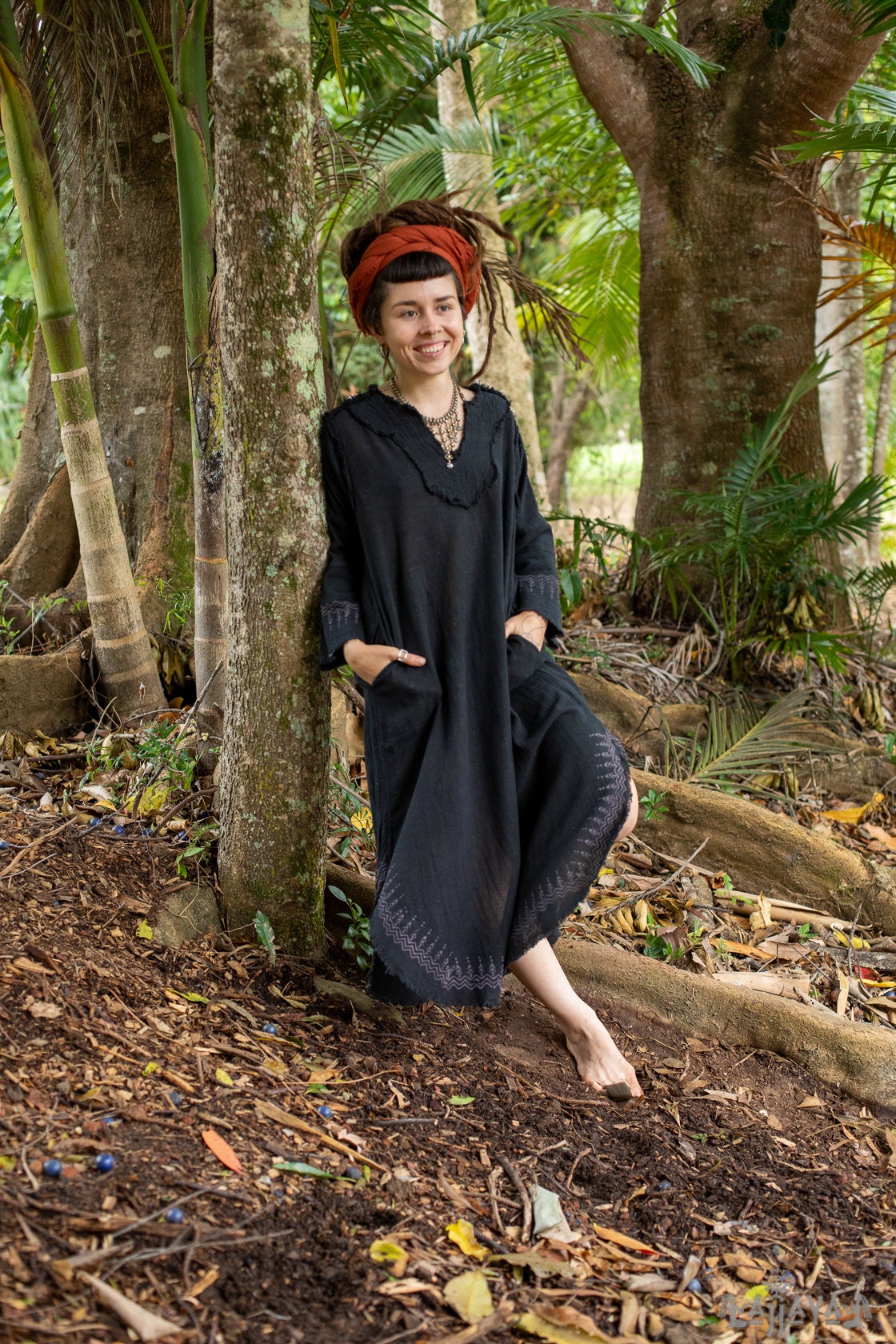 YOSEPH Black Aramaic Gown Womens Kurta Long Top Dress Shirt Biblical Natural Cotton Handwoven Block Print Natural Plant Dye Ceremony AJJAYA