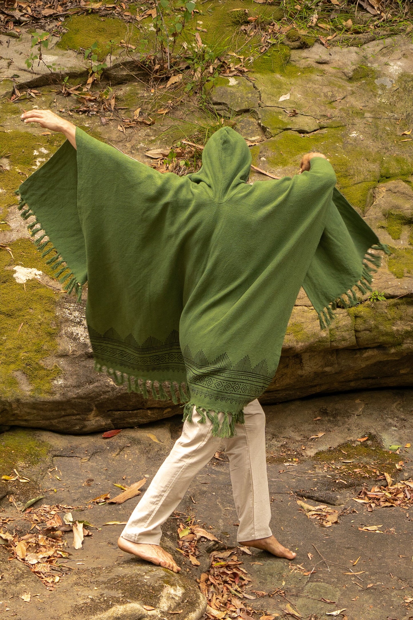 ANAGAMI Sage Green Hooded Kimono Cape Poncho Robe Block Printed Natural Dyed Ceremony Ritual Shaman Tribal Alchemy Sacred Shawl Wrap AJJAYA