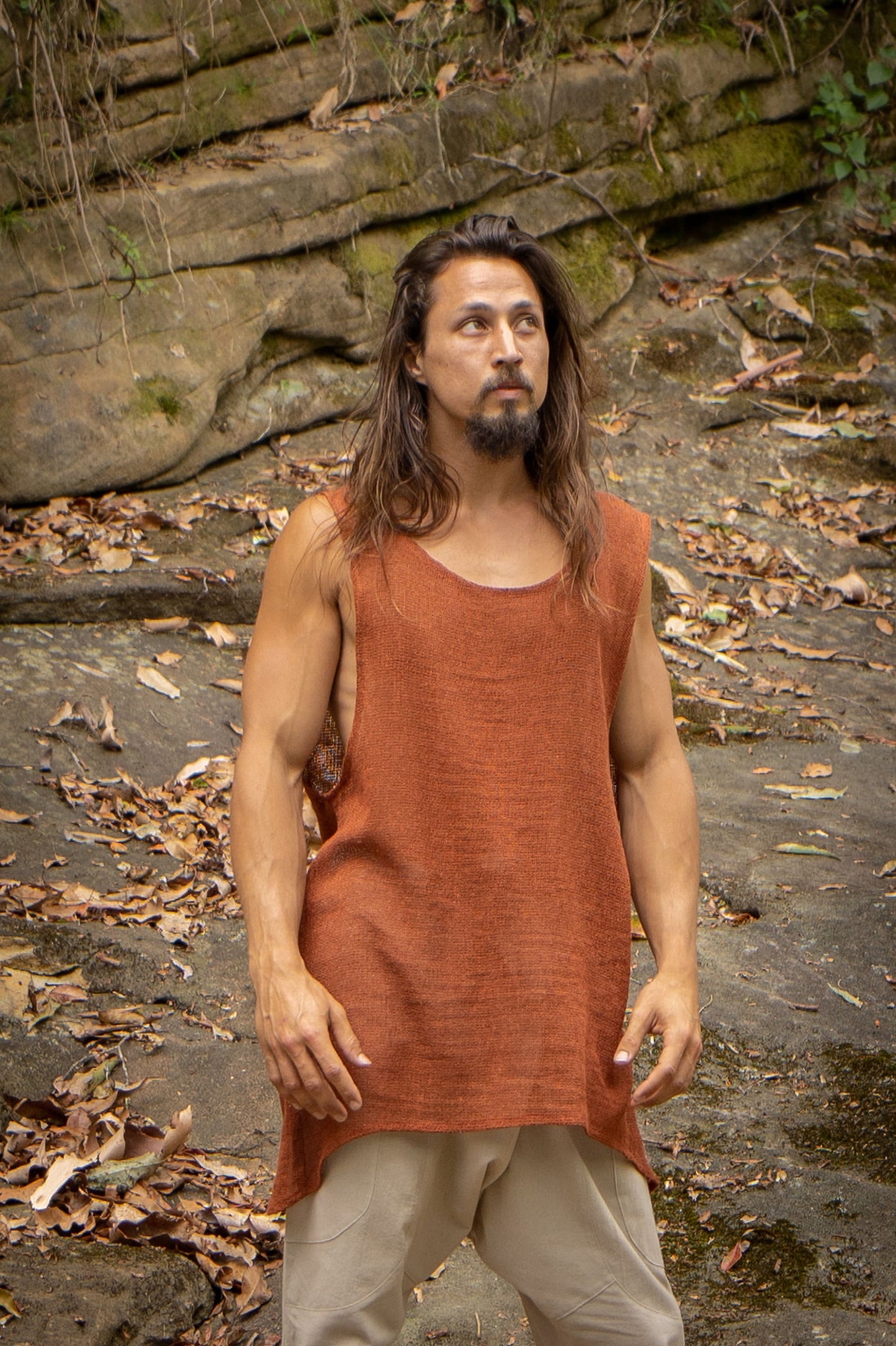 TAKU Rustic Orange Tank Top Tribal Asymmetric Natural Netted Cotton Breathable Loose Free Flow Festival Plant Based Dyed Muscle Shirt AJJAYA