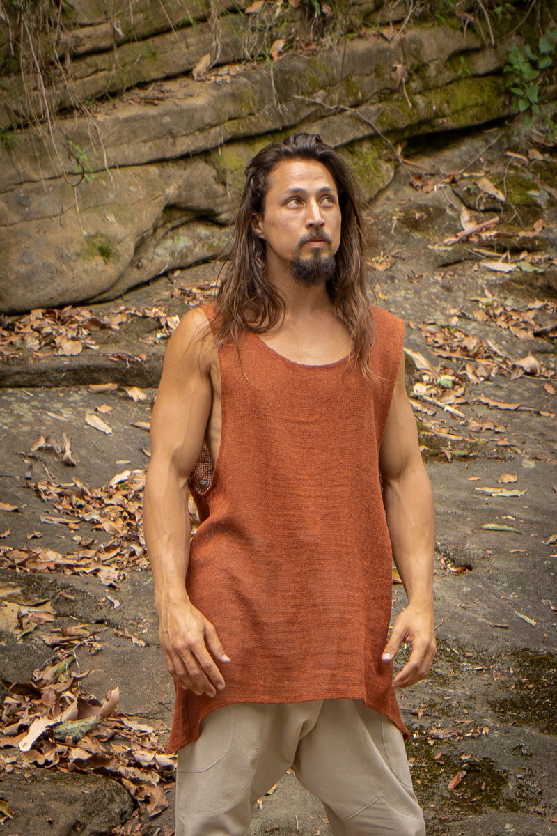 TAKU Rustic Orange Tank Top Tribal Asymmetric Natural Netted Cotton Breathable Loose Free Flow Festival Plant Based Dyed Muscle Shirt AJJAYA