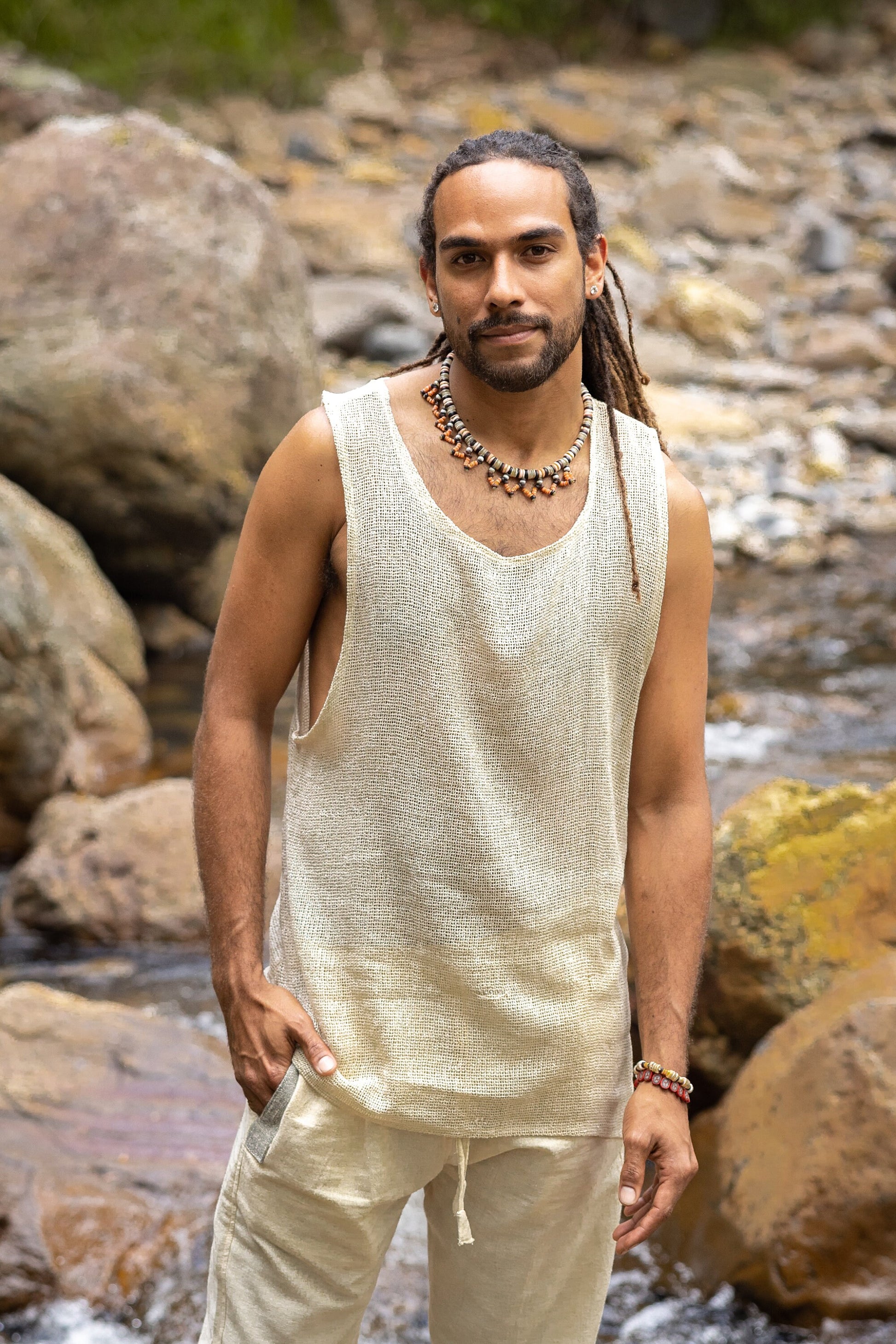 TAKU Mens Tank Top Beige Tribal Asymmetric Natural – AJJAYA