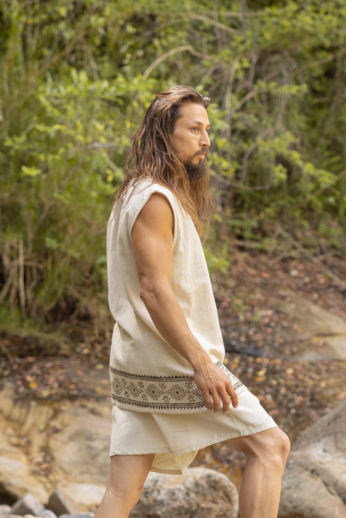 KULDI Mens Yoga Tank Top Beige Sleeveless Natural Cotton Handmade Block Printed Plant Eco Dye Festival Tribal Ceremony Ritual Earthy AJJAYA