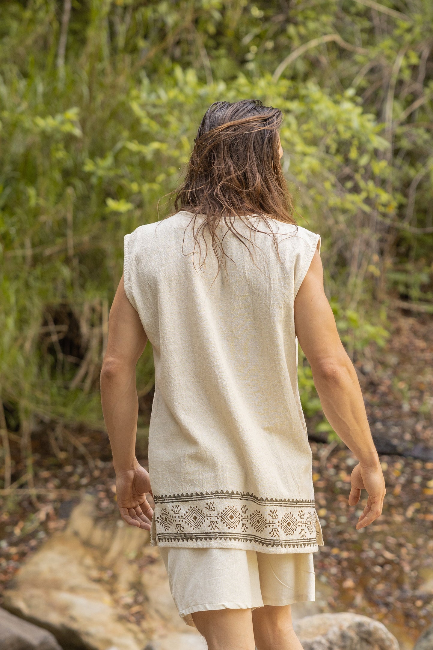 KULDI Mens Yoga Tank Top Beige Sleeveless Natural Cotton Handmade Block Printed Plant Eco Dye Festival Tribal Ceremony Ritual Earthy AJJAYA