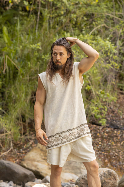 KULDI Mens Yoga Tank Top Beige Sleeveless Natural Cotton Handmade Block Printed Plant Eco Dye Festival Tribal Ceremony Ritual Earthy AJJAYA