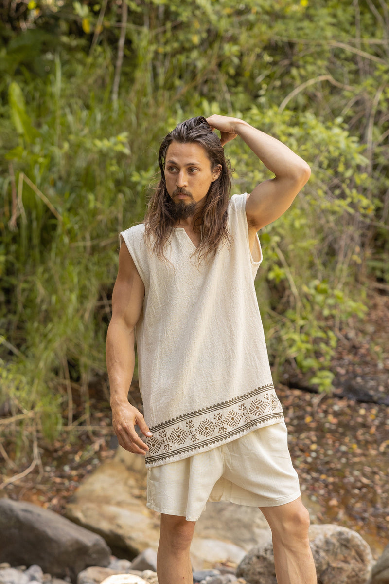 KULDI Mens Yoga Tank Top Beige Sleeveless Natural Cotton Handmade Block Printed Plant Eco Dye Festival Tribal Ceremony Ritual Earthy AJJAYA