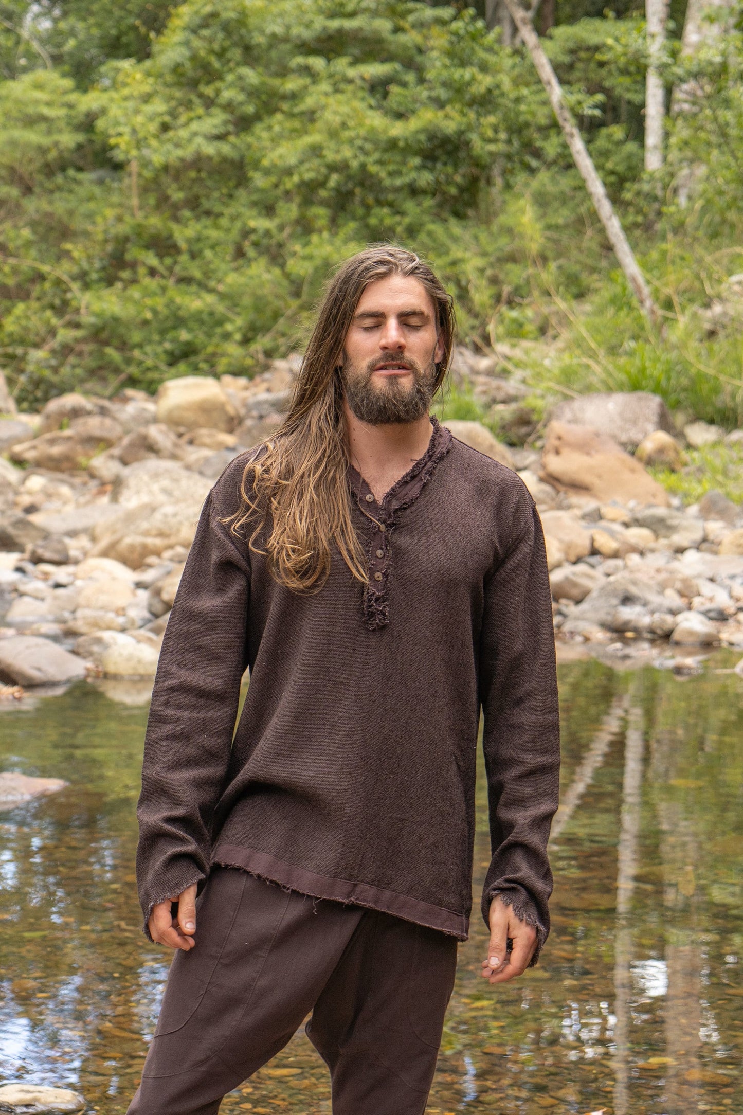 NEO Matrix Mens Brown Long Sleeve Top Handmade Apocalyptic Shirt Gypsy Earthy Rugged Tribal Nomadic Ethnic Festival Rave Primitive AJJAYA