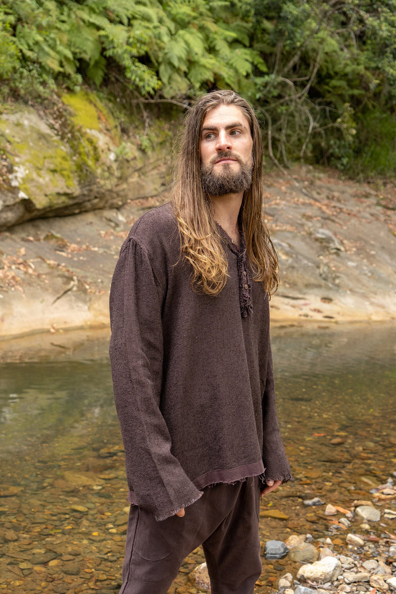 NEO Matrix Mens Brown Long Sleeve Top Handmade Apocalyptic Shirt Gypsy Earthy Rugged Tribal Nomadic Ethnic Festival Rave Primitive AJJAYA