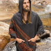 SAMADHI Mens Poncho Dark Grey Yak Wool and Acrylic Wool Blend Handmade Large Hood Pockets Earthy Tribal Pattern Festival AJJAYA Mexican