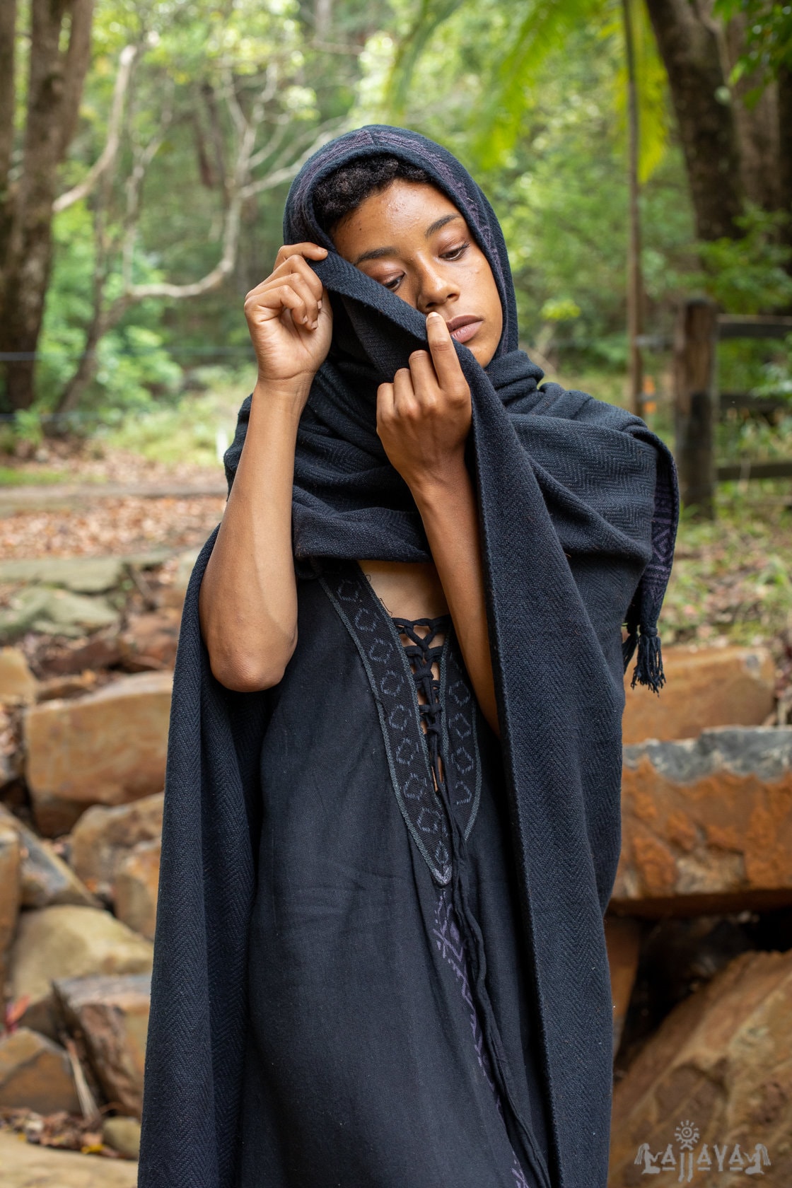 Womens ANAGAMI Hooded Kimono Black Cape Poncho Robe Block Printed Natural Dyed Ceremony Ritual Shaman Tribal Alchemy Shawl Wrap Rave AJJAYA