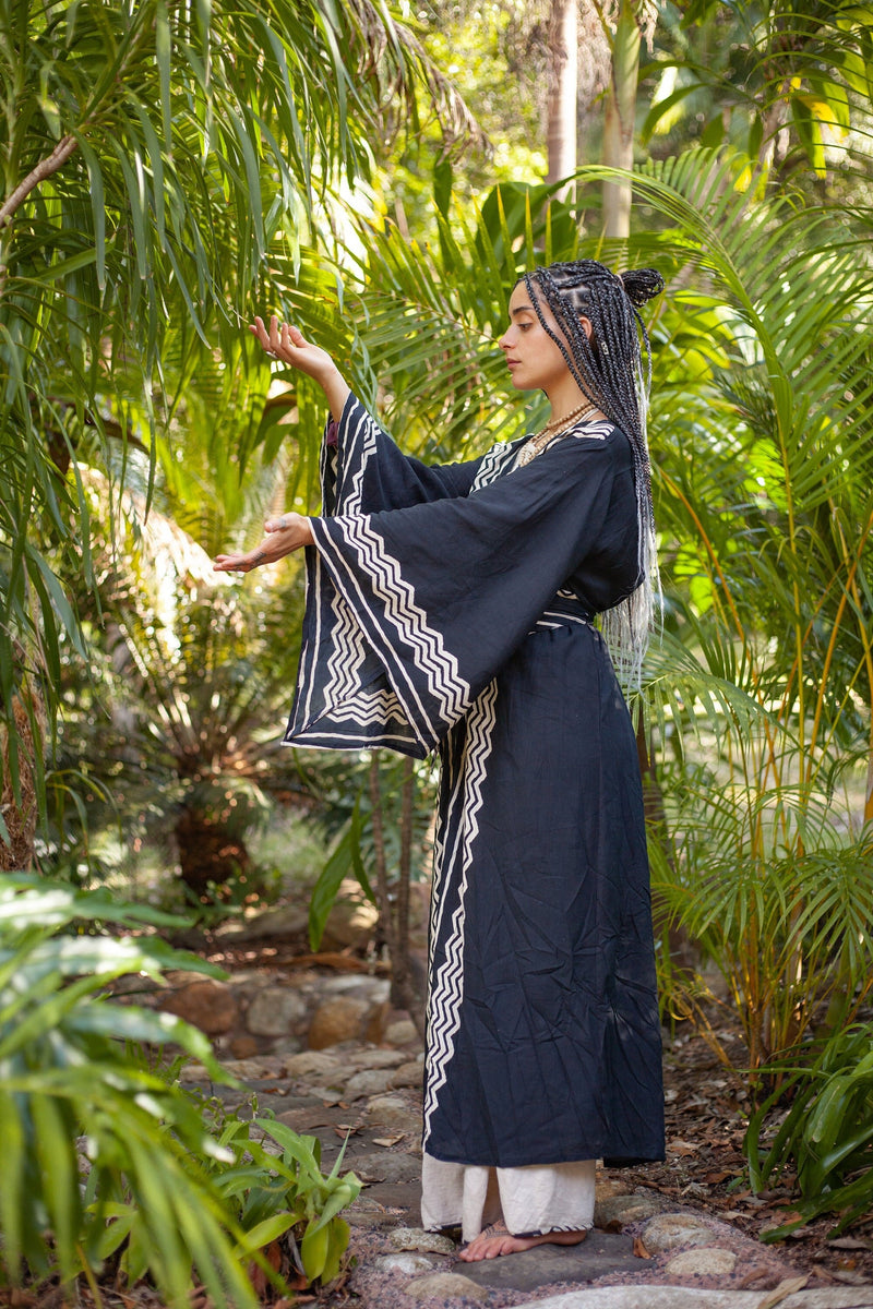 ELGA Womens Kimono Robe Arm Flairs Soft Breathable Cotton Rayon Festival Black and White Tribal African Patterns Elegant Boho Pyjama AJJAYA