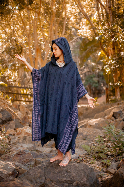 AKKAD Poncho Womens Black Handmade Ceremonial Hood Pockets Vegan Cotton Block Printed Tribal Patterns Naturally Dyed Festival Viking AJJAYA