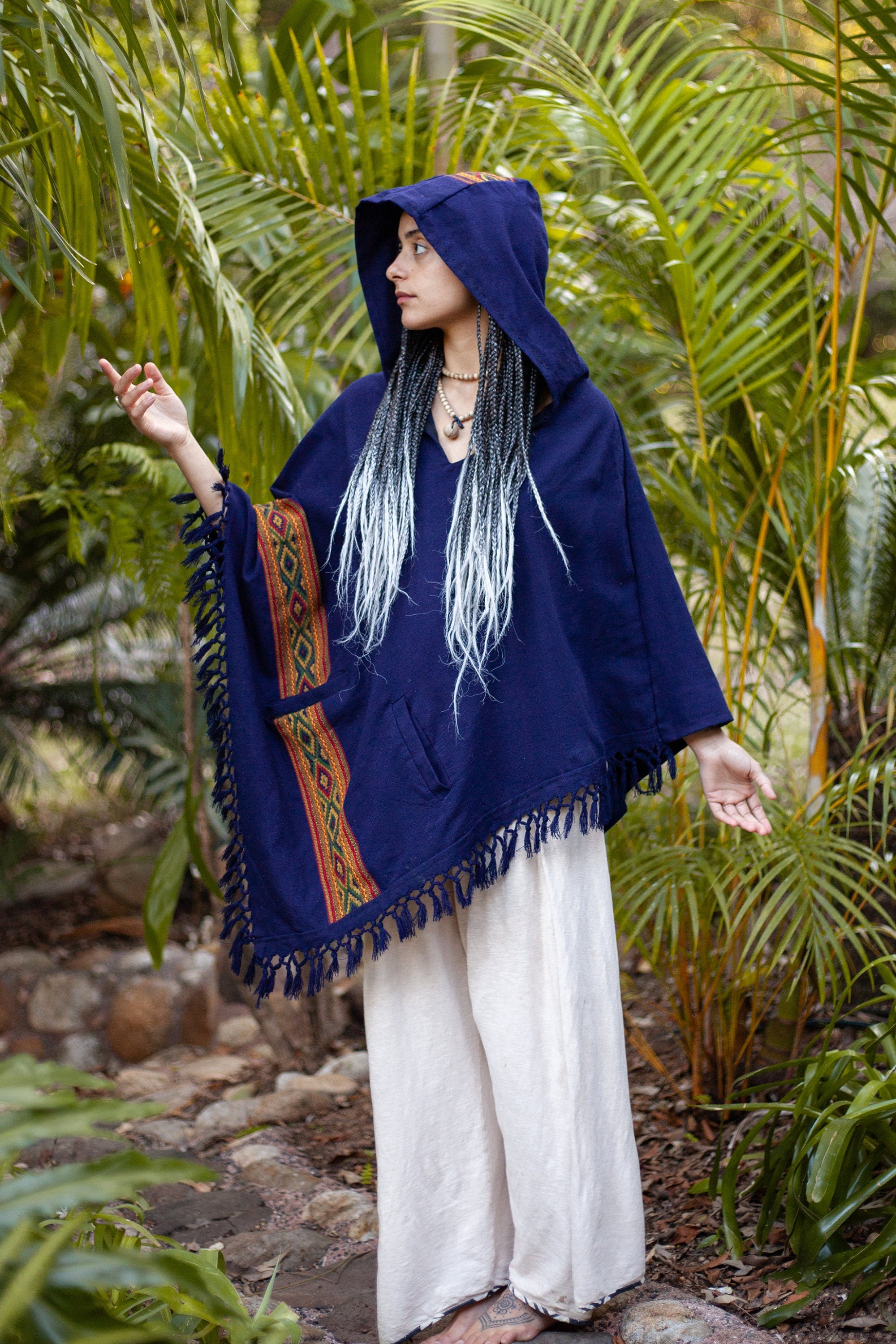 UPEKKHA Womens Poncho Indigo Purple Hooded Cashmere and Acrylic Wool Tribal Embroidery Large Hood Pockets Hippie Primitive Boho AJJAYA