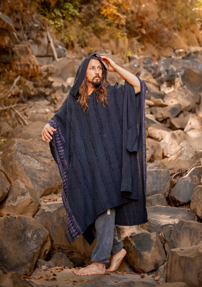 AKKAD Black Handmade Ceremonial Hooded Poncho Hood Pockets Vegan Cotton Block Printed Tribal Patterns Naturally Dyed Festival Viking AJJAYA