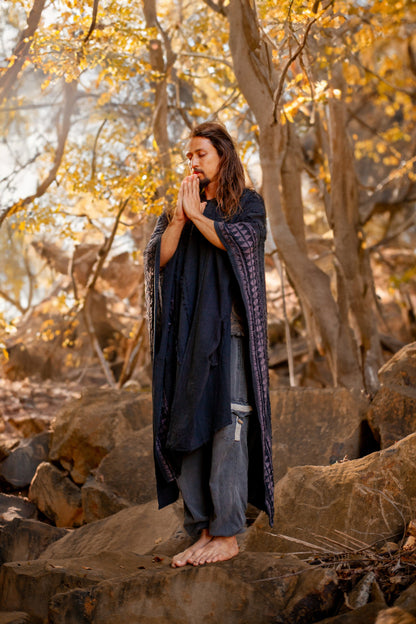 AKKAD Black Handmade Ceremonial Hooded Poncho Hood Pockets Vegan Cotton Block Printed Tribal Patterns Naturally Dyed Festival Viking AJJAYA