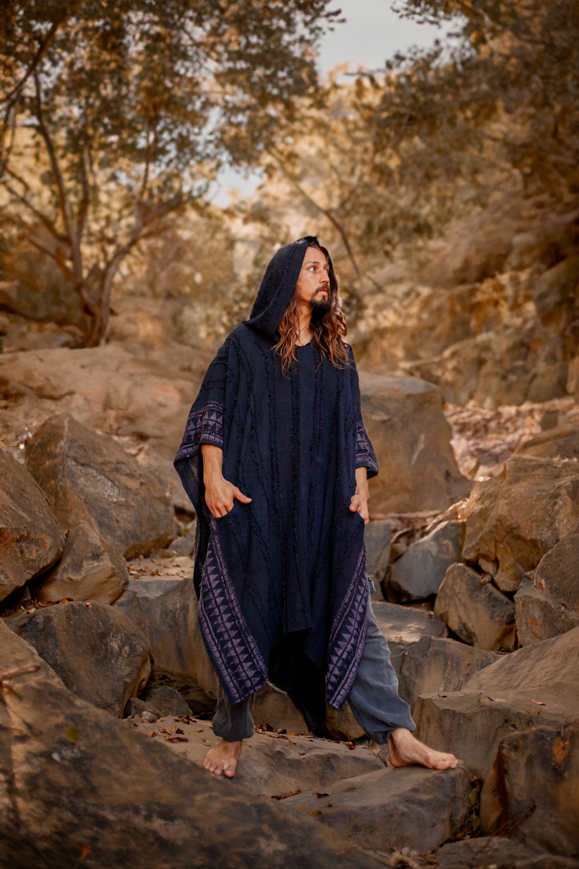 AKKAD Black Handmade Ceremonial Hooded Poncho Hood Pockets Vegan Cotton Block Printed Tribal Patterns Naturally Dyed Festival Viking AJJAYA
