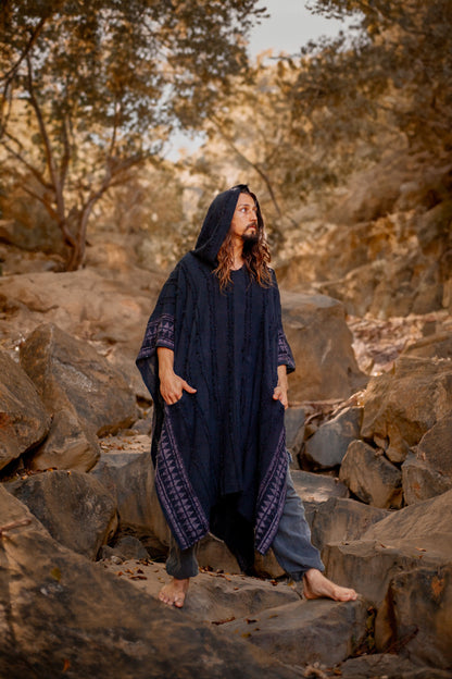 AKKAD Black Handmade Ceremonial Hooded Poncho Hood Pockets Vegan Cotton Block Printed Tribal Patterns Naturally Dyed Festival Viking AJJAYA