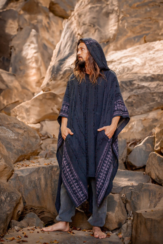 AKKAD Poncho Womens Black Handmade Ceremonial Hood Pockets Vegan Cotton Block Printed Tribal Patterns Naturally Dyed Festival Viking AJJAYA
