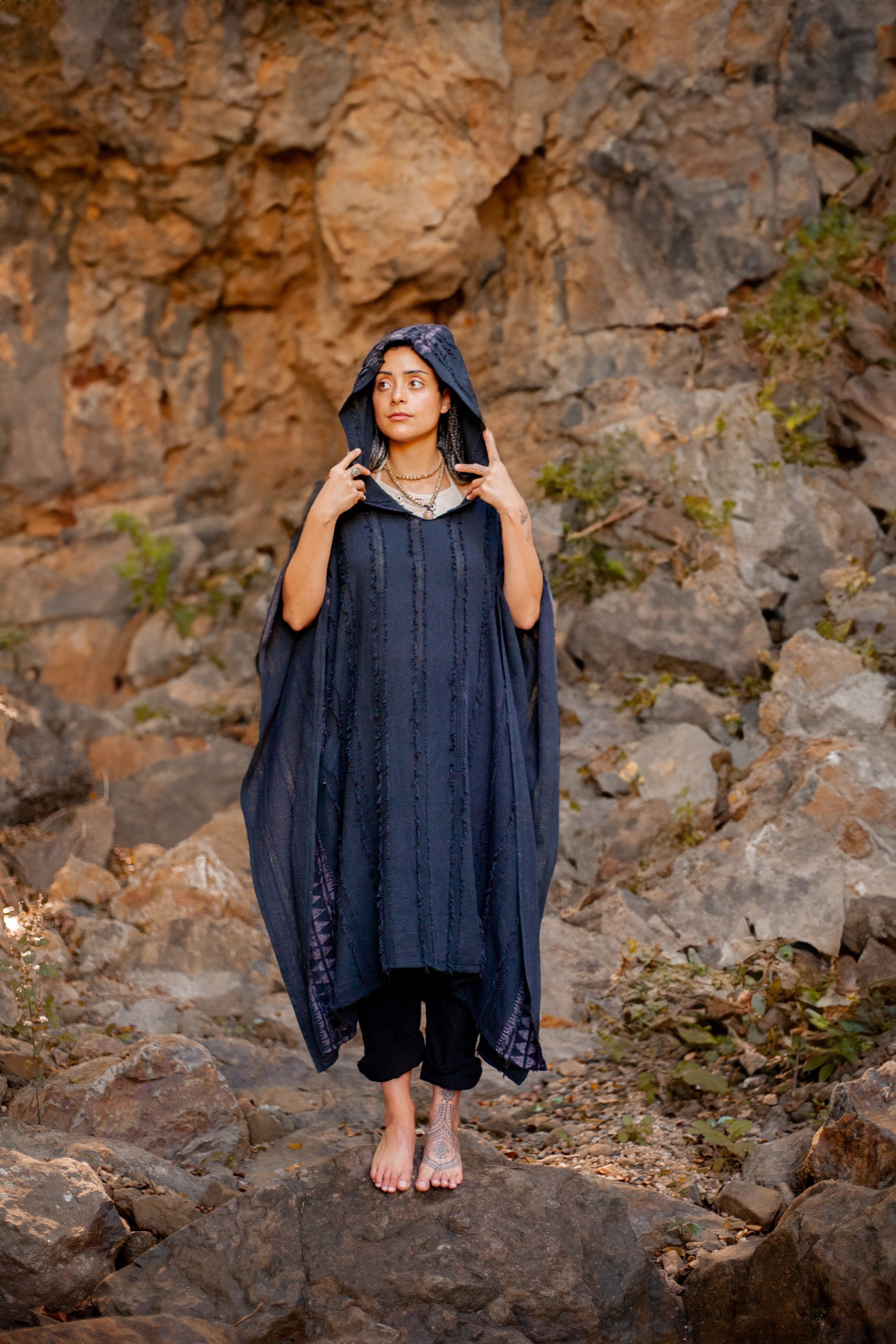 AKKAD Poncho Womens Black Handmade Ceremonial Hood Pockets Vegan Cotton Block Printed Tribal Patterns Naturally Dyed Festival Viking AJJAYA