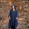 AKKAD Poncho Womens Black Handmade Ceremonial Hood Pockets Vegan Cotton Block Printed Tribal Patterns Naturally Dyed Festival Viking AJJAYA
