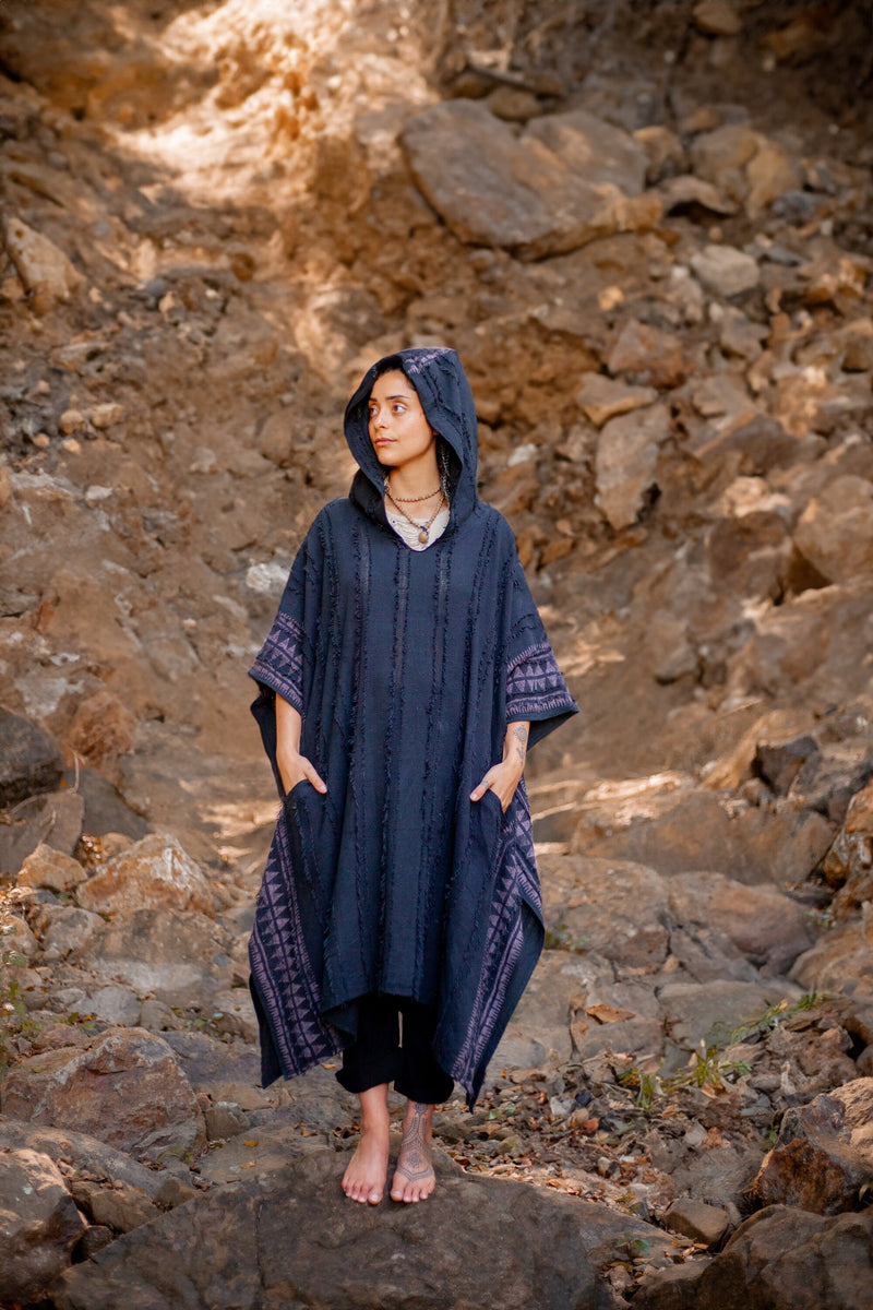 AKKAD Poncho Womens Black Handmade Ceremonial Hood Pockets Vegan Cotton Block Printed Tribal Patterns Naturally Dyed Festival Viking AJJAYA