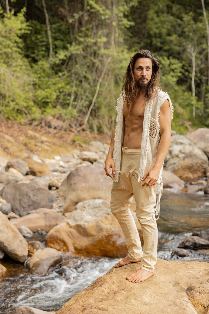 TAONGA Mens Vest Beige Cotton With Pocket Block Printed Tribal Patterns Handmade Naturally Dyed Earthy Viking Primitive Goa Festival AJJAYA