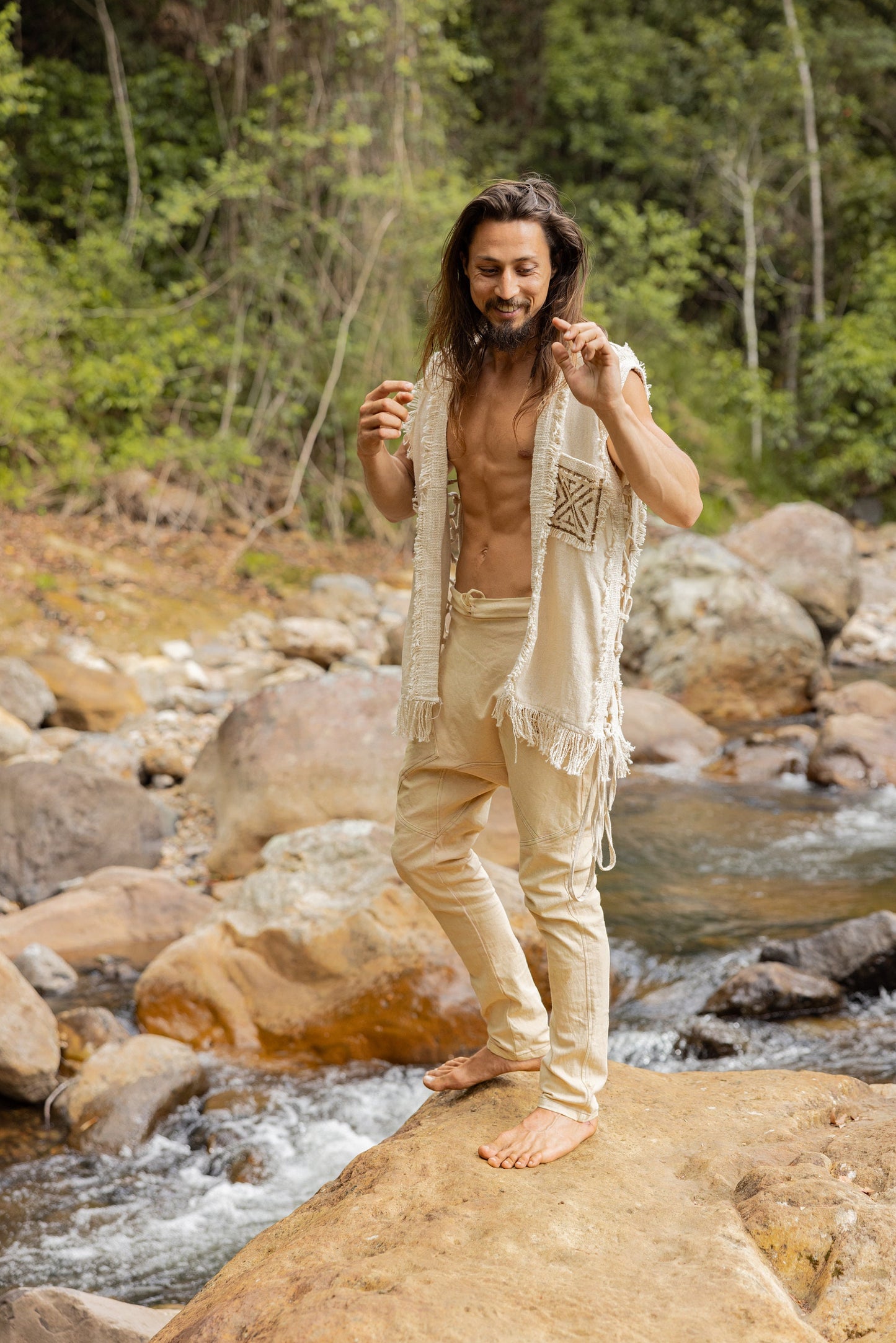 TAONGA Mens Vest Beige Cotton With Pocket Block Printed Tribal Patterns Handmade Naturally Dyed Earthy Viking Primitive Goa Festival AJJAYA