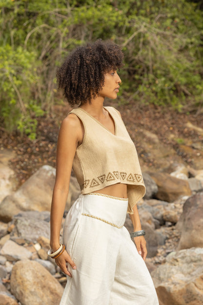 ELLA Asymmetric Crop Top Yoga Sleeveless Natural Cotton Block Printed Tribal Patterns V Neck Tank Shirt Festival Ceremony Pixie Boho AJJAYA