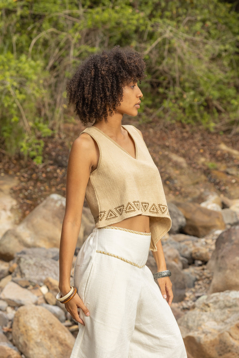 ELLA Asymmetric Crop Top Yoga Sleeveless Natural Cotton Block Printed Tribal Patterns V Neck Tank Shirt Festival Ceremony Pixie Boho AJJAYA