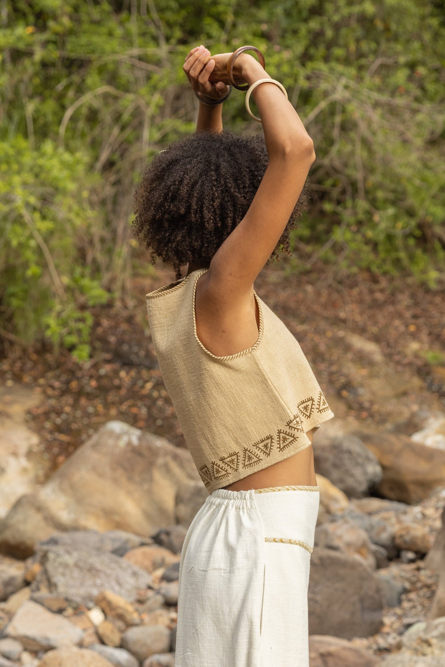 ELLA Asymmetric Crop Top Yoga Sleeveless Natural Cotton Block Printed Tribal Patterns V Neck Tank Shirt Festival Ceremony Pixie Boho AJJAYA
