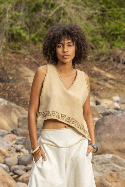 ELLA Asymmetric Crop Top Yoga Sleeveless Natural Cotton Block Printed Tribal Patterns V Neck Tank Shirt Festival Ceremony Pixie Boho AJJAYA