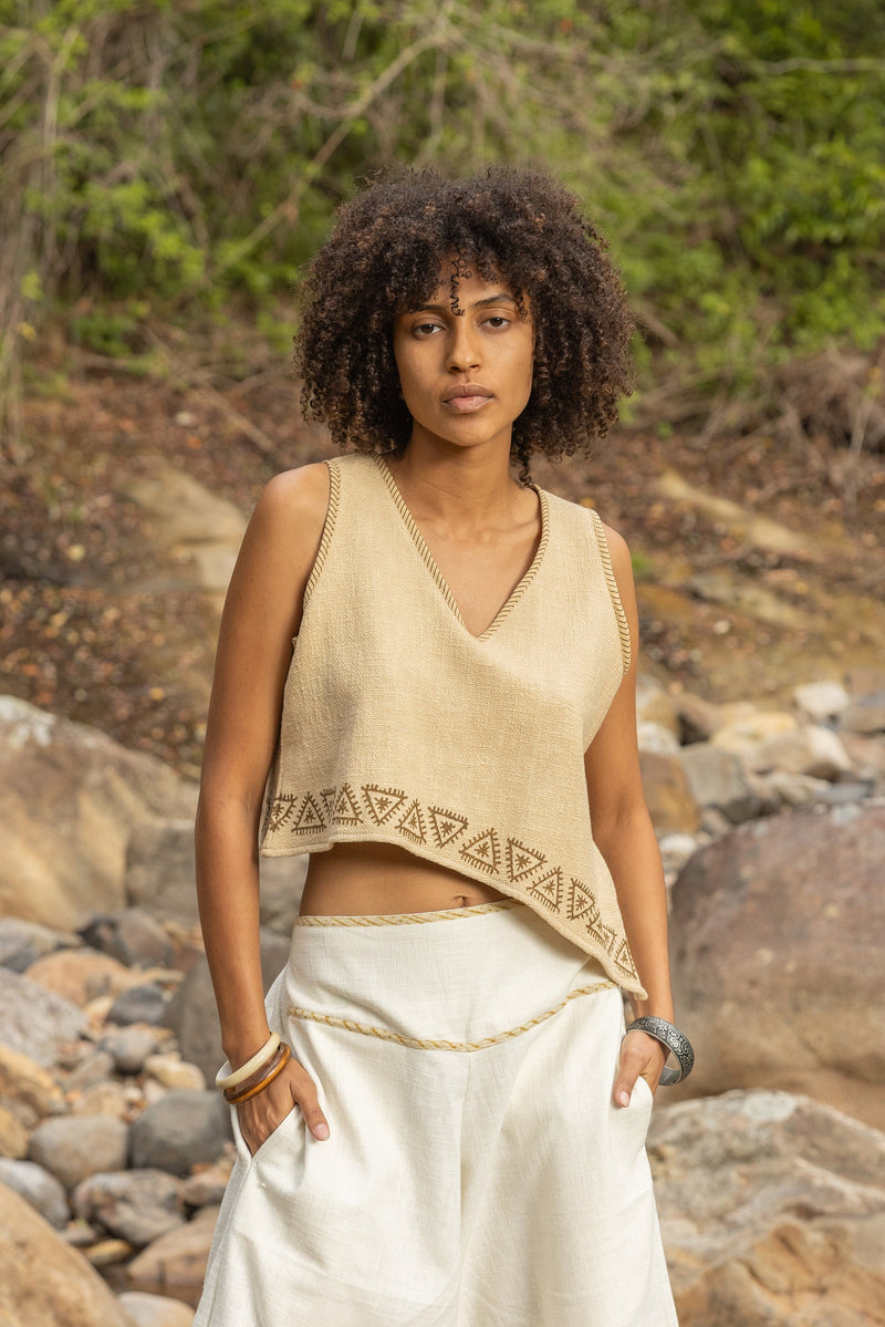 ELLA Asymmetric Crop Top Yoga Sleeveless Natural Cotton Block Printed Tribal Patterns V Neck Tank Shirt Festival Ceremony Pixie Boho AJJAYA