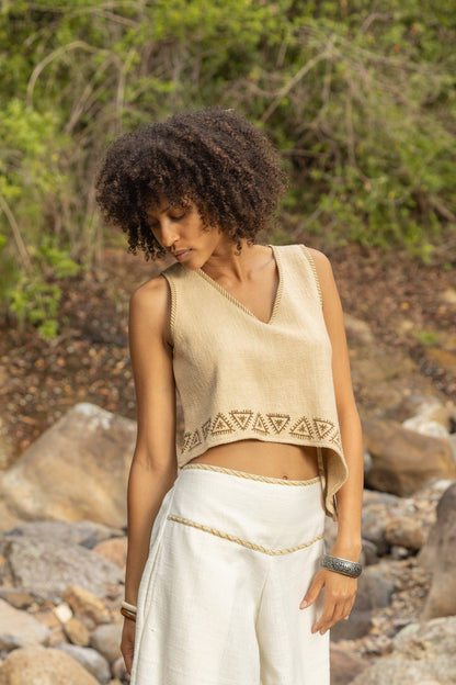 ELLA Asymmetric Crop Top Yoga Sleeveless Natural Cotton Block Printed Tribal Patterns V Neck Tank Shirt Festival Ceremony Pixie Boho AJJAYA