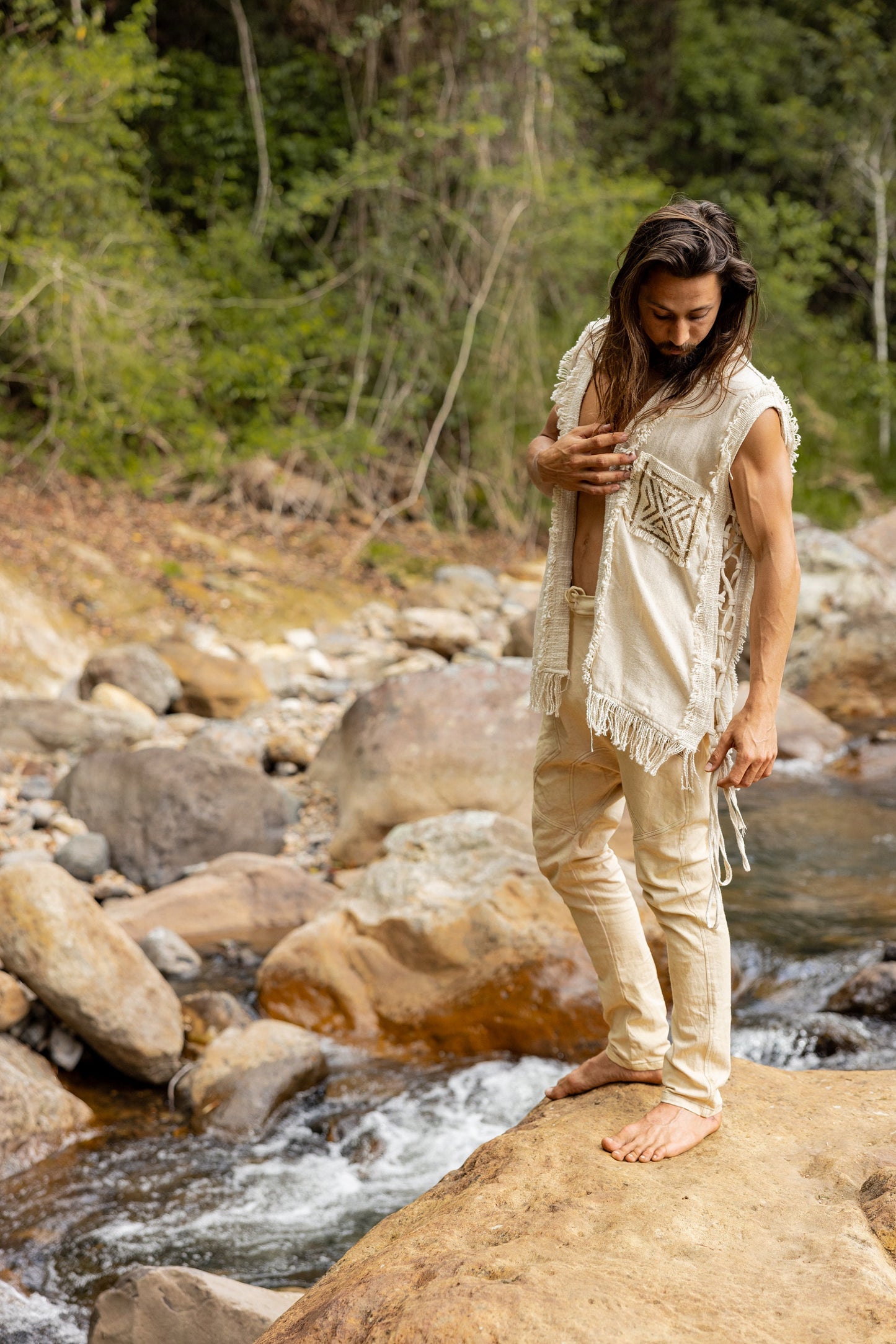 TAONGA Mens Vest Beige Cotton With Pocket Block Printed Tribal Patterns Handmade Naturally Dyed Earthy Viking Primitive Goa Festival AJJAYA