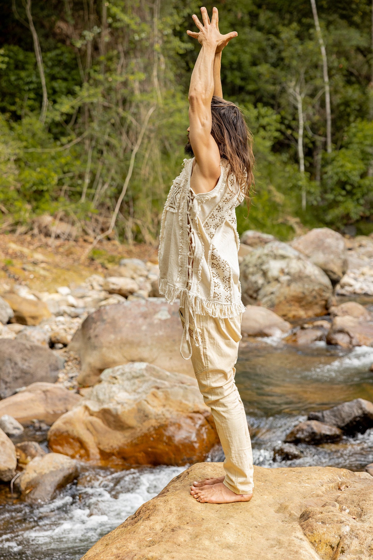 TAONGA Mens Vest Beige Cotton With Pocket Block Printed Tribal Patterns Handmade Naturally Dyed Earthy Viking Primitive Goa Festival AJJAYA