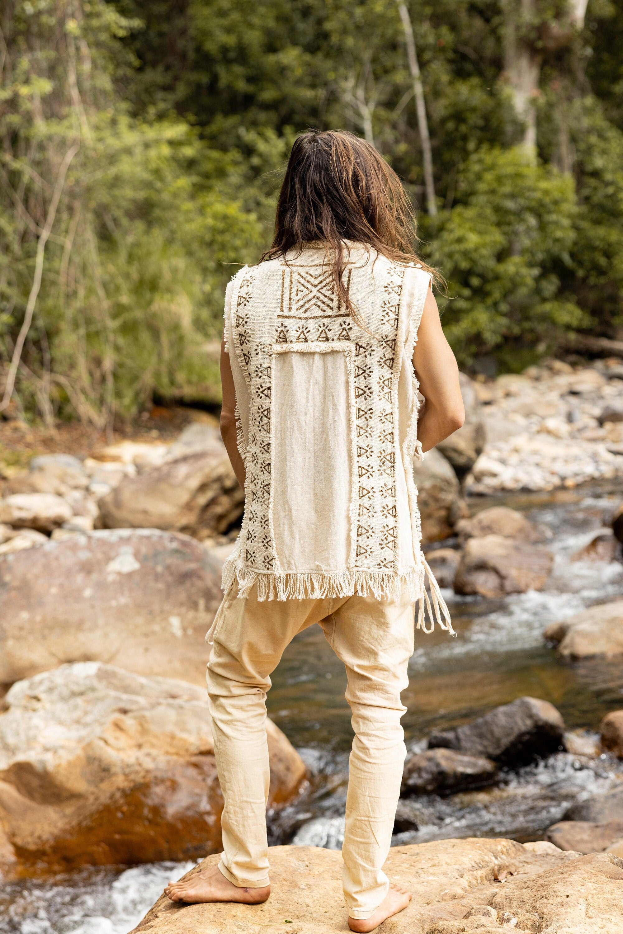 TAONGA Mens Vest Beige Cotton With Pocket Block Printed Tribal Patterns Handmade Naturally Dyed Earthy Viking Primitive Goa Festival AJJAYA