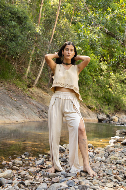 YANA Womens Pants Beige Slit Open Side, Goddess Belly Dance Natural Soft Cotton Flow Yoga Festival Boho Ceremony Pixie Fairy Tribal AJJAYA