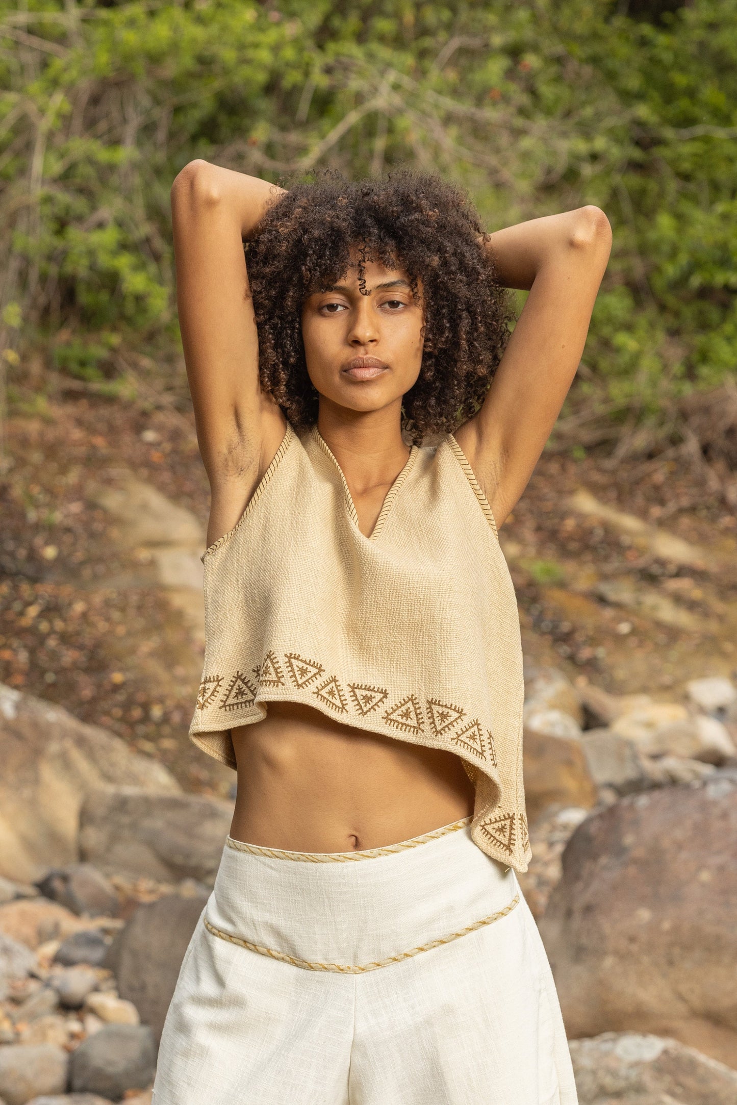 ELLA Asymmetric Crop Top Yoga Sleeveless Natural Cotton Block Printed Tribal Patterns V Neck Tank Shirt Festival Ceremony Pixie Boho AJJAYA