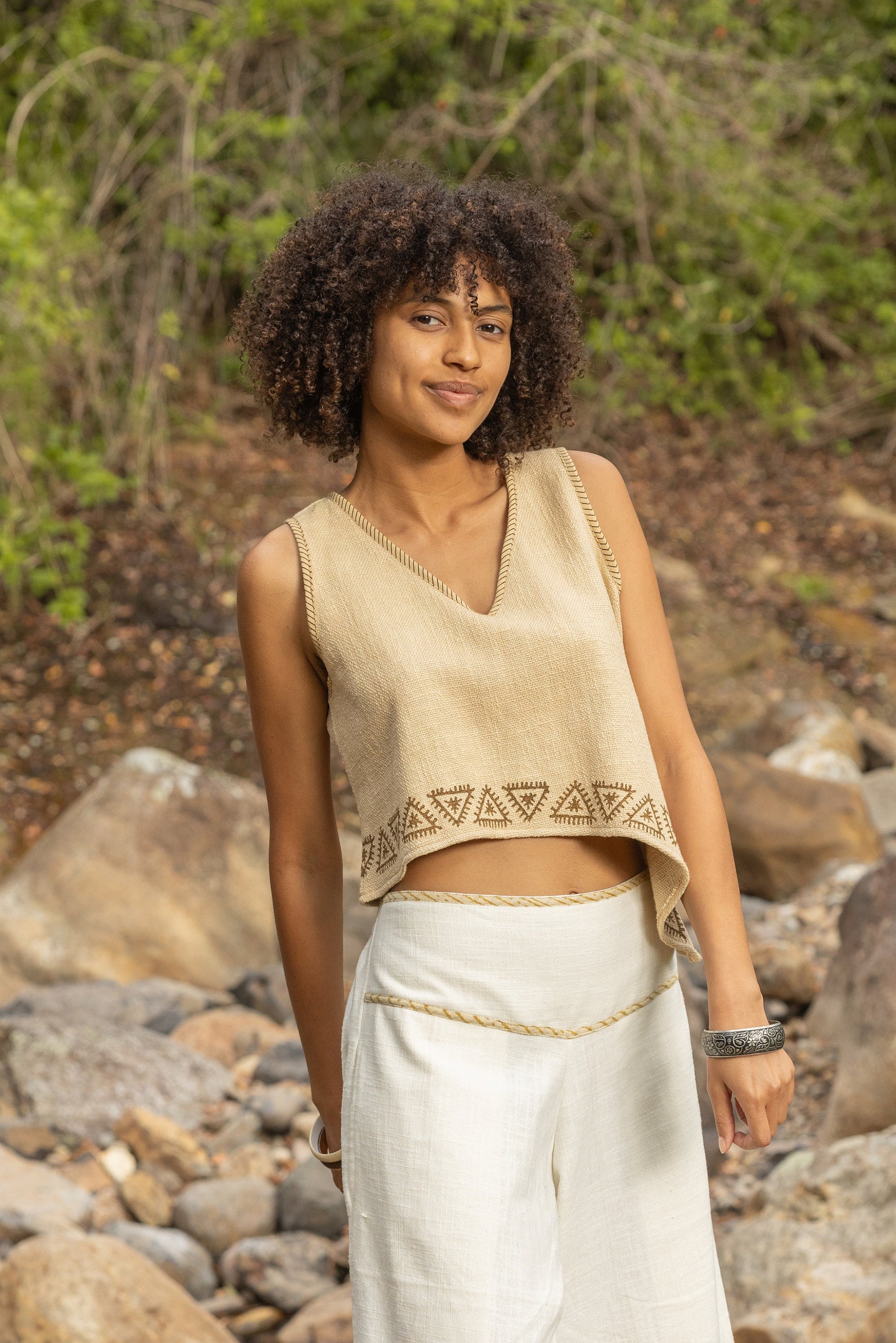 ELLA Asymmetric Crop Top Yoga Sleeveless Natural Cotton Block Printed Tribal Patterns V Neck Tank Shirt Festival Ceremony Pixie Boho AJJAYA