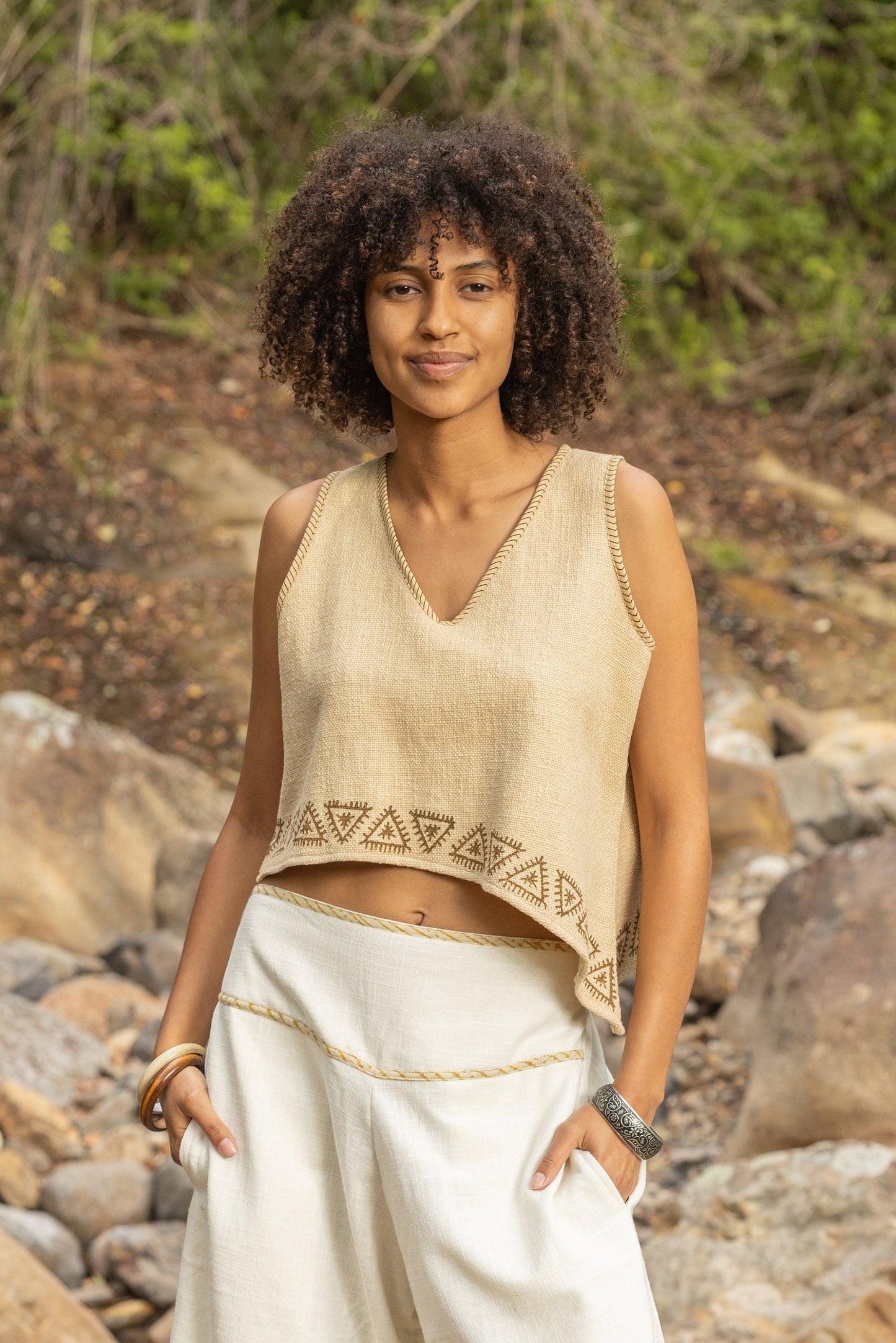 ELLA Asymmetric Crop Top Yoga Sleeveless Natural Cotton Block Printed Tribal Patterns V Neck Tank Shirt Festival Ceremony Pixie Boho AJJAYA