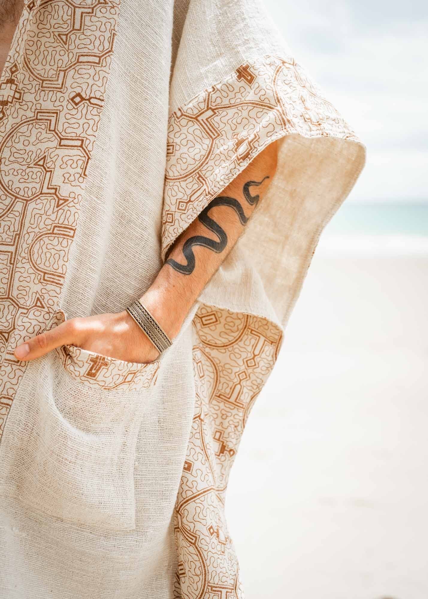 Shaman Pattern AYAWA Beige Hooded Kimono Cape Poncho Robe Shipibo Sacred Patterns Sha ...