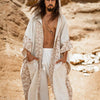 AYAWA Beige Hooded Kimono Cape Poncho Robe Shipibo Sacred Patterns Shamanic Ceremony Ritual Shaman Tribal Shawl Viking Festival Wrap AJJAYA