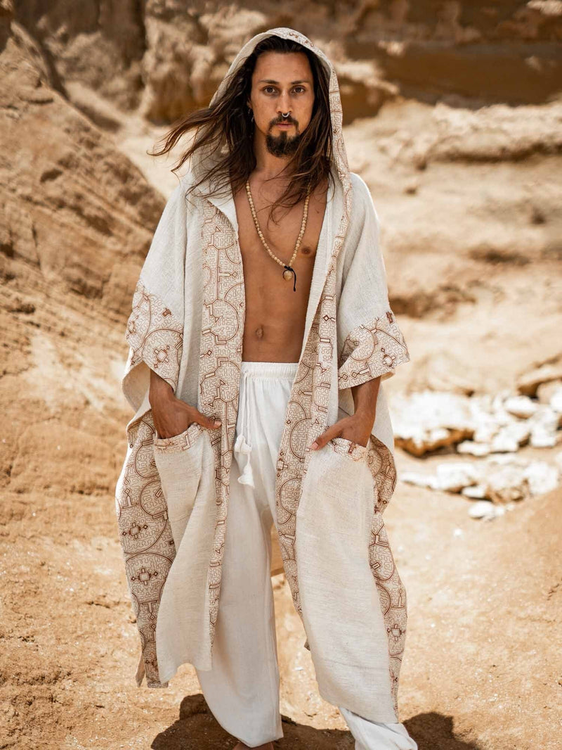 AYAWA Beige Hooded Kimono Cape Poncho Robe Shipibo Patterns – AJJAYA