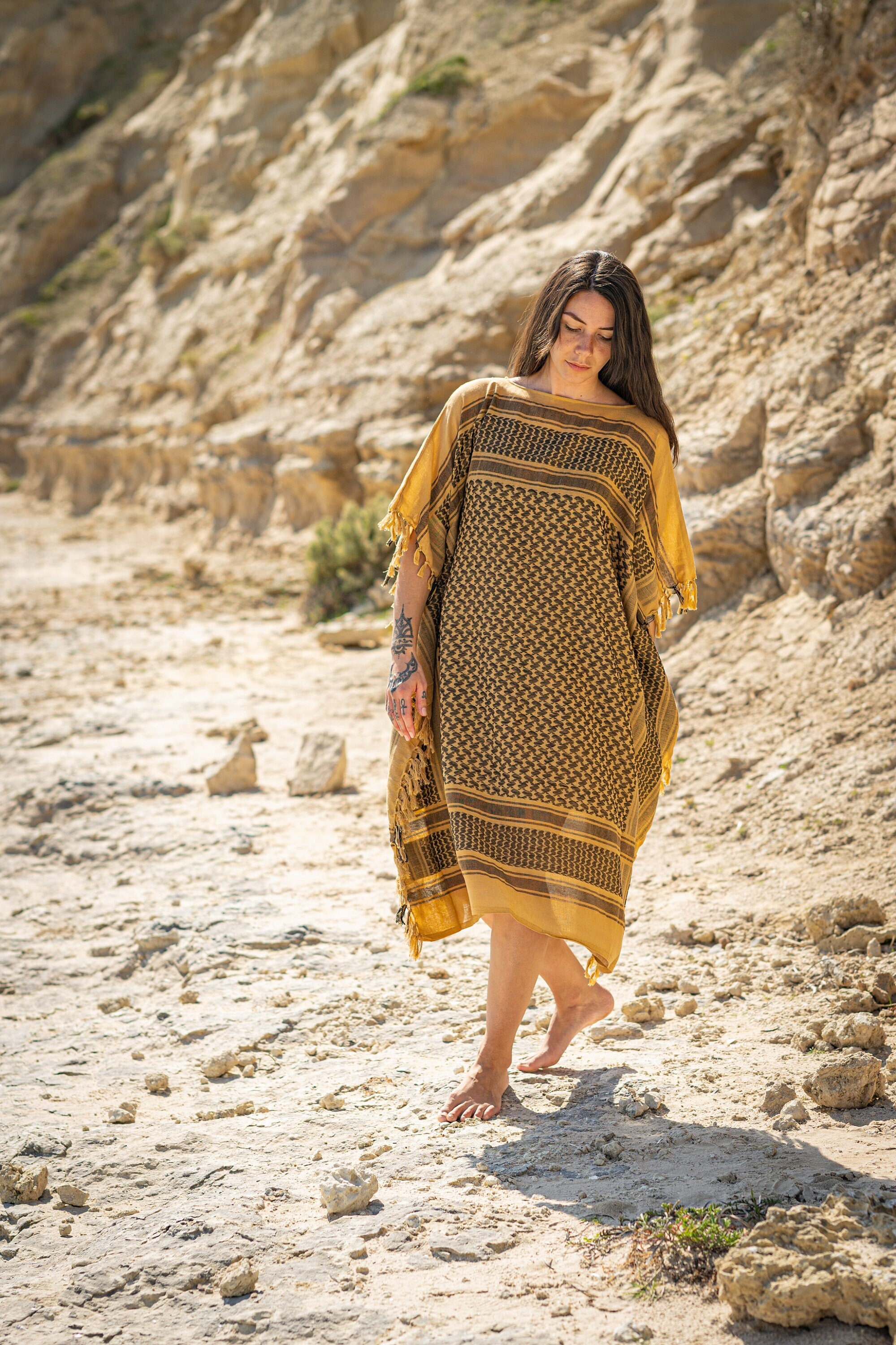 AMIRA Dress Beach Kaftan Sand Soft Cotton Arabic Desert Kaffiyeh Goddess Summer Resort Gift for Her Loose Fit Plus Size Boho Caftan AJJAYA